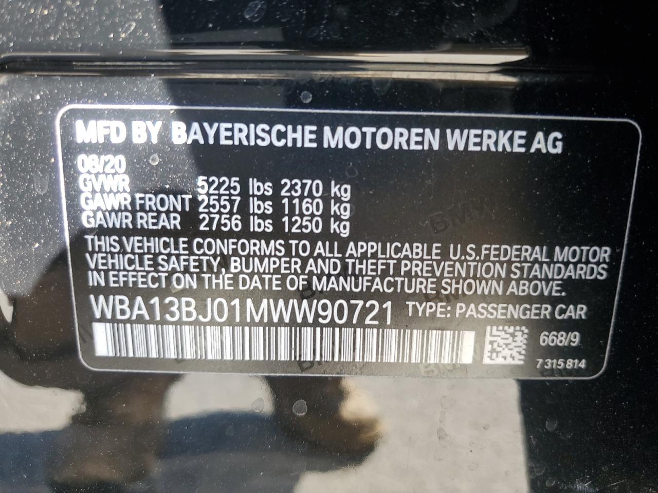 2021 BMW 530 Xi VIN: WBA13BJ01MWW90721 Lot: 71303935