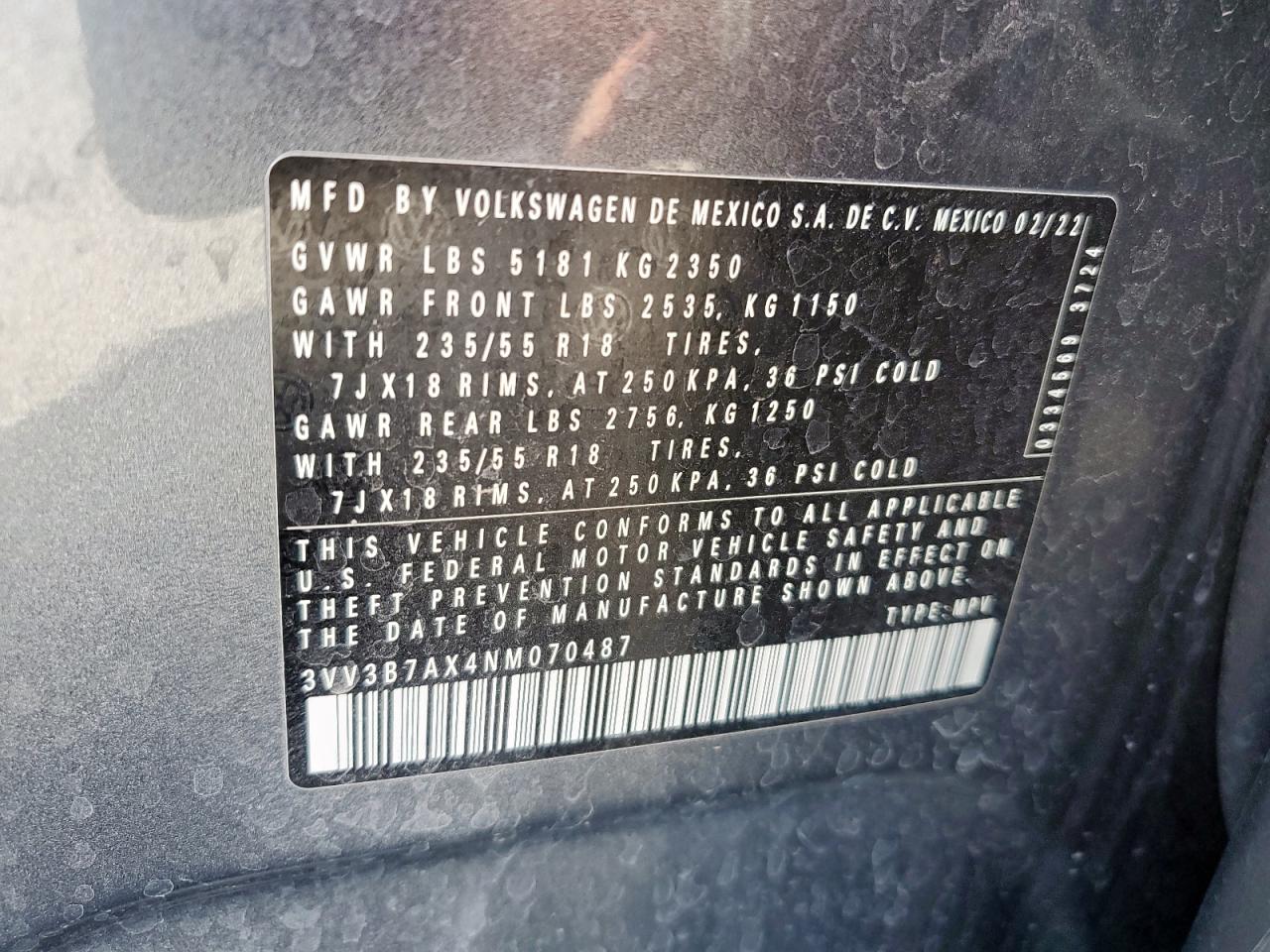 2022 Volkswagen Tiguan Se VIN: 3VV3B7AX4NM070487 Lot: 83767155