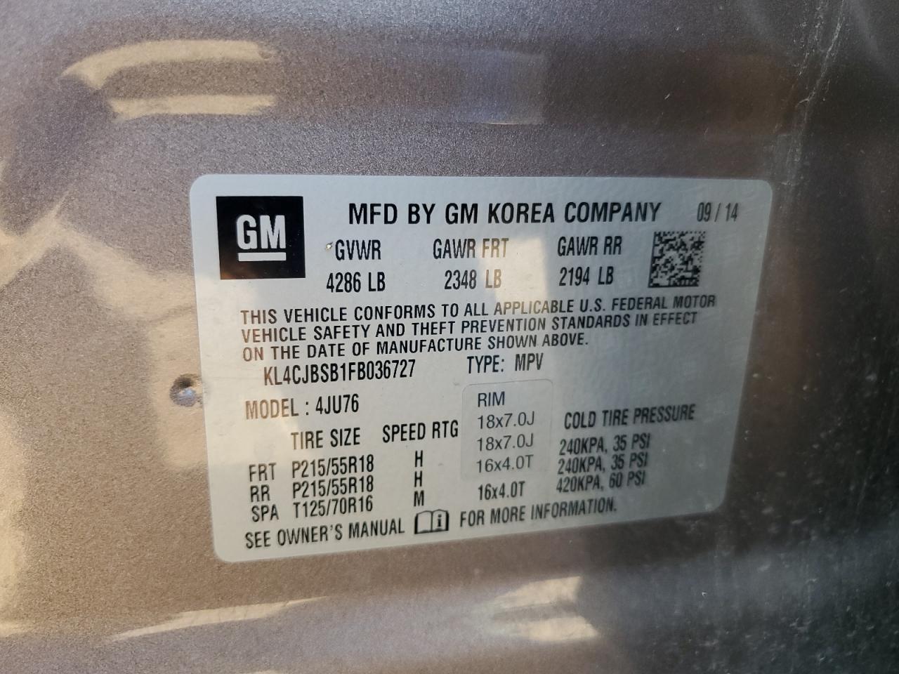 2015 Buick Encore Convenience VIN: KL4CJBSB1FB036727 Lot: 80521625