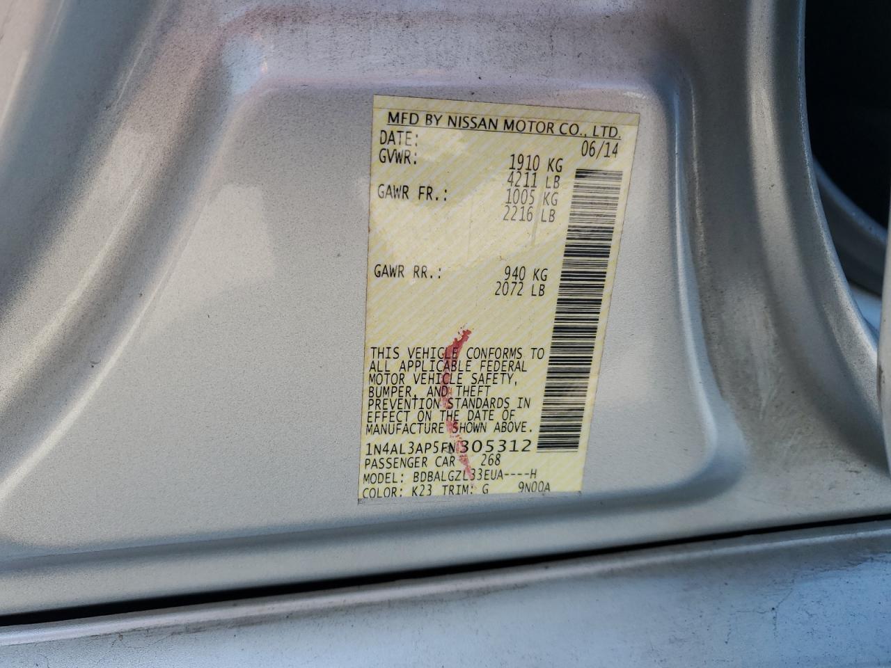 2015 Nissan Altima 2.5 VIN: 1N4AL3AP5FN305312 Lot: 80328905