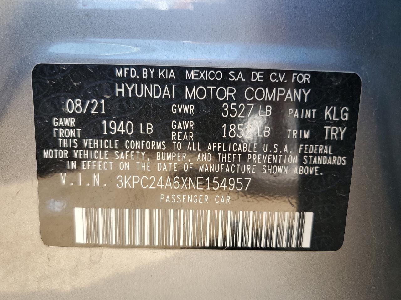 2022 Hyundai Accent Se VIN: 3KPC24A6XNE154957 Lot: 84406545