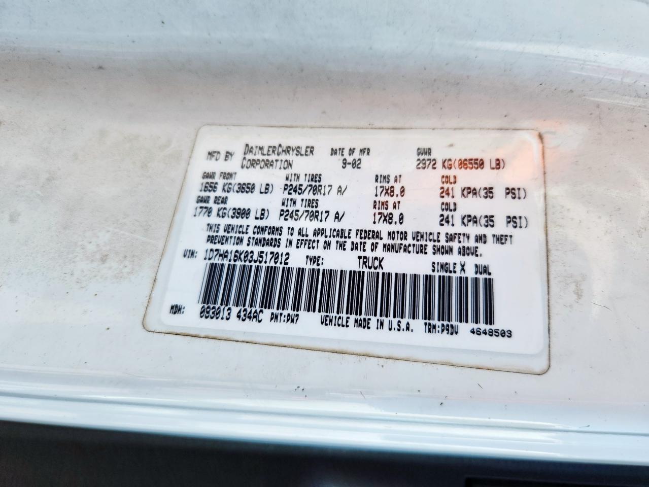 2003 Dodge Ram 1500 St VIN: 1D7HA16K03J517012 Lot: 82157155