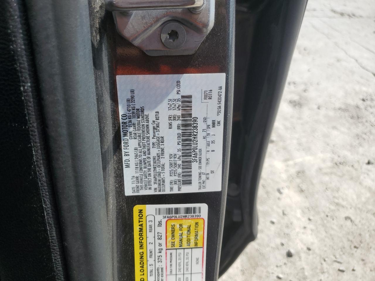 2017 Ford Fusion Se Hybrid VIN: 3FA6P0LU2HR238390 Lot: 71896935