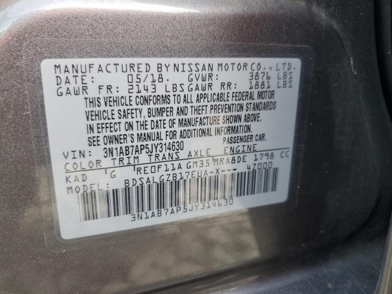 2018 Nissan Sentra S VIN: 3N1AB7AP5JY314630 Lot: 84017685