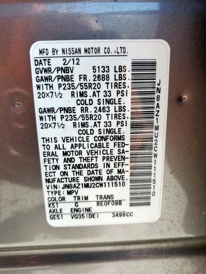 2012 Nissan Murano S VIN: JN8AZ1MU2CW111510 Lot: 80011745