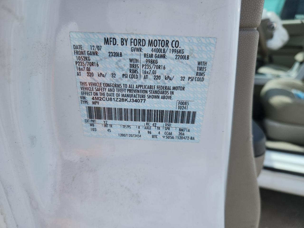 2008 Mercury Mariner VIN: 4M2CU81Z28KJ34077 Lot: 71563985