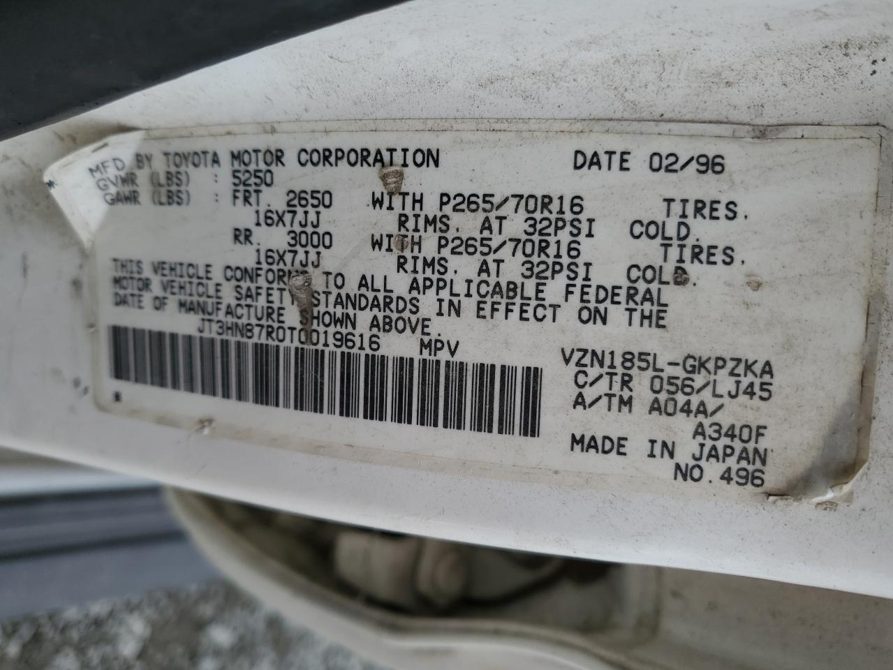 1996 Toyota 4Runner Limited VIN: JT3HN87R0T0019616 Lot: 71846465