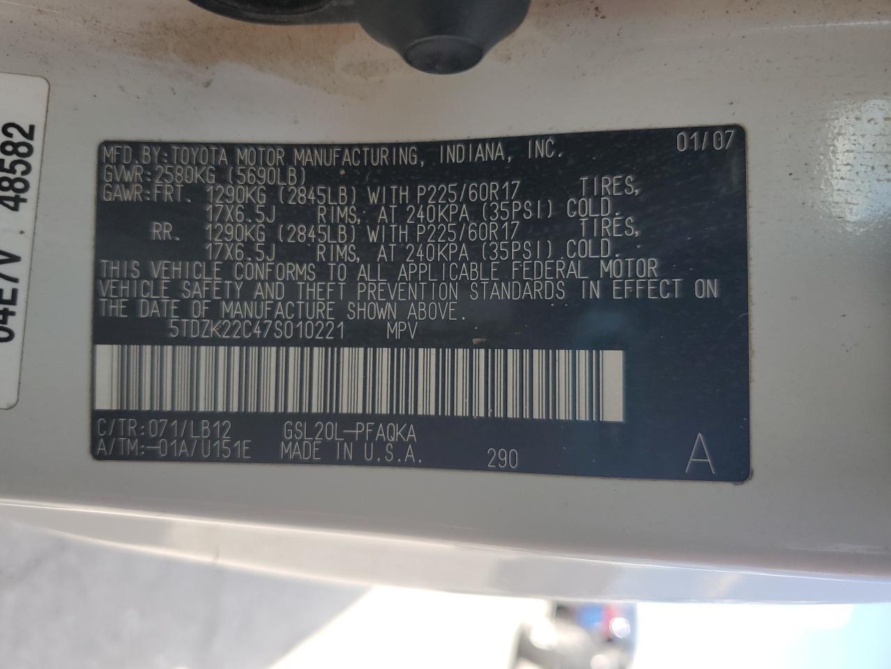 2007 Toyota Sienna Xle VIN: 5TDZK22C47S010221 Lot: 70148705