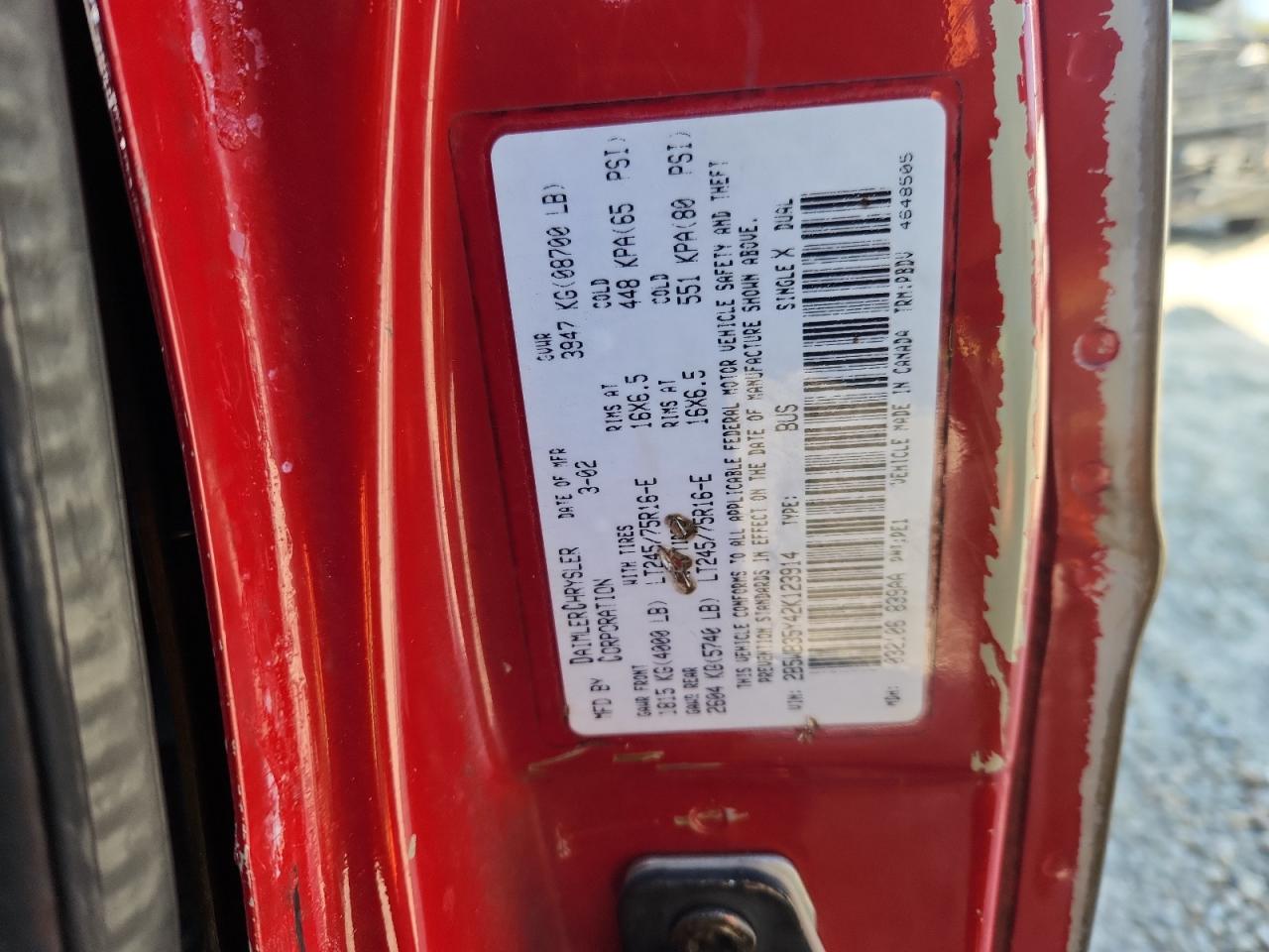 2002 Dodge Ram Wagon B3500 VIN: 2B5WB35Y42K123914 Lot: 80502115