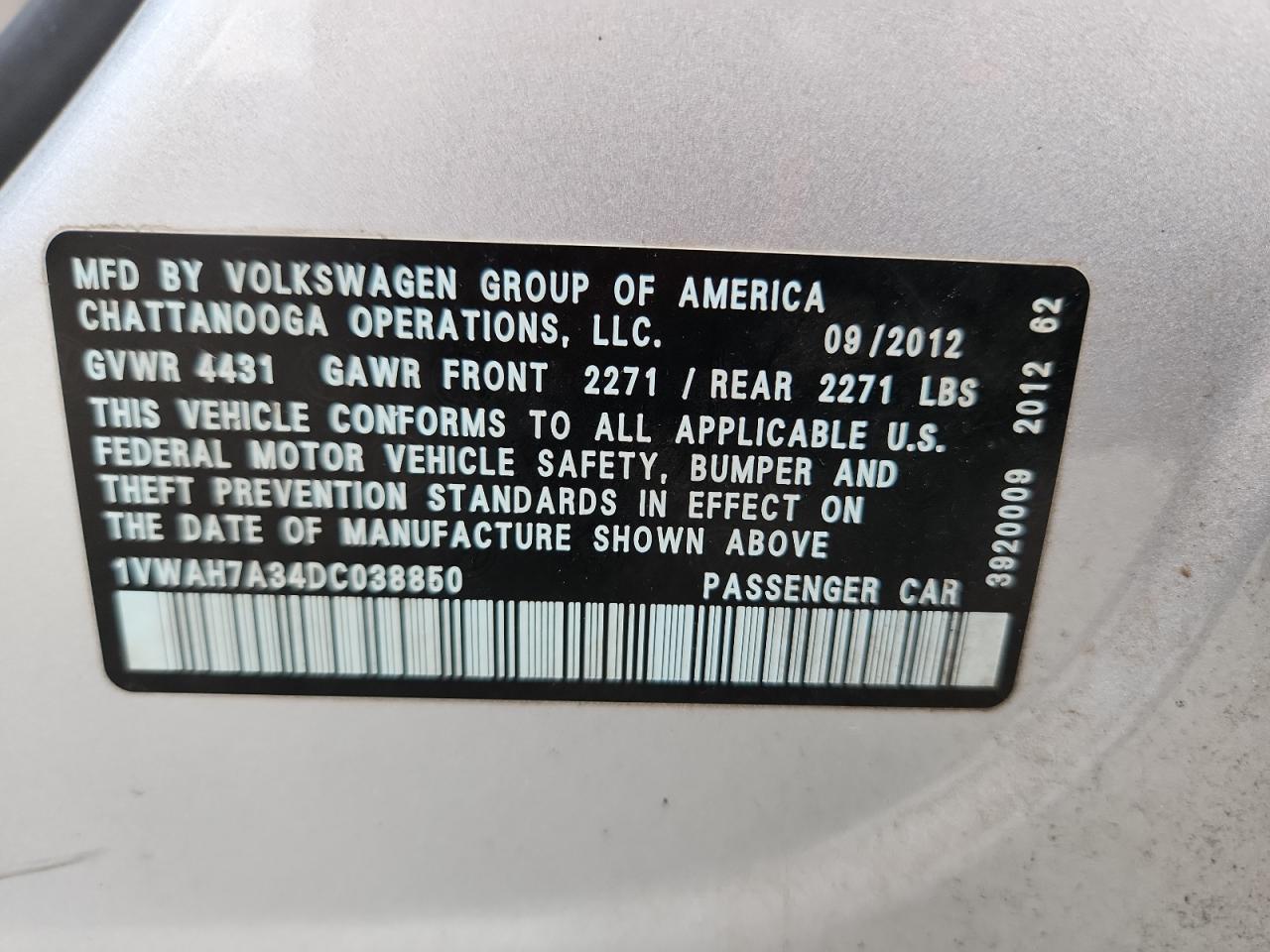 2013 Volkswagen Passat S VIN: 1VWAH7A34DC038850 Lot: 71572515