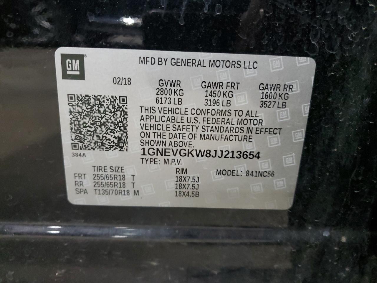 2018 Chevrolet Traverse Lt VIN: 1GNEVGKW8JJ213654 Lot: 71013295