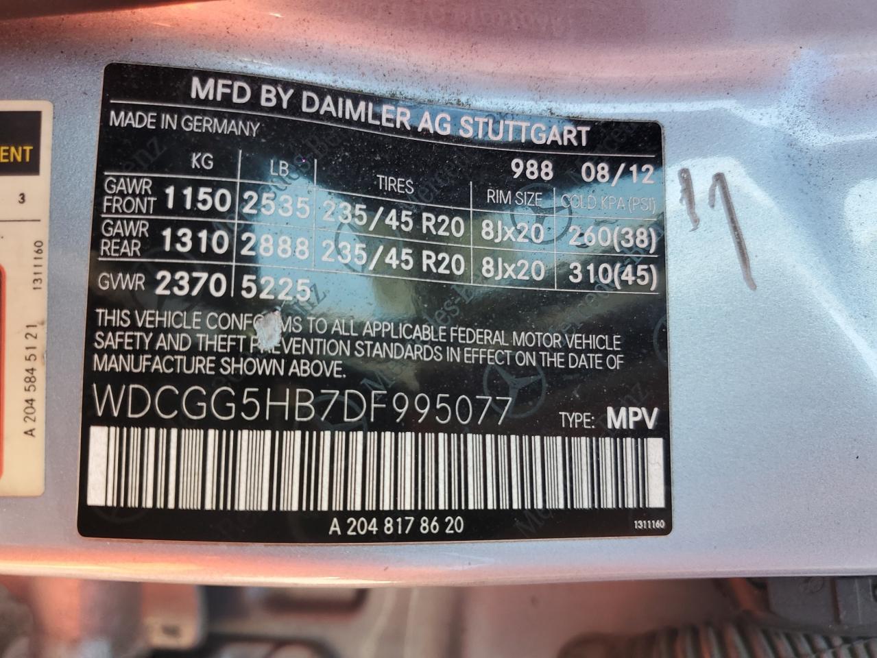 2013 Mercedes-Benz Glk 350 VIN: WDCGG5HB7DF995077 Lot: 80750015