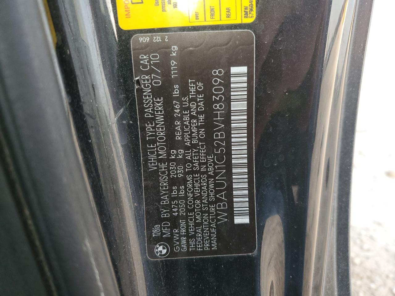 2011 BMW 128 I VIN: WBAUN1C52BVH83098 Lot: 80751555