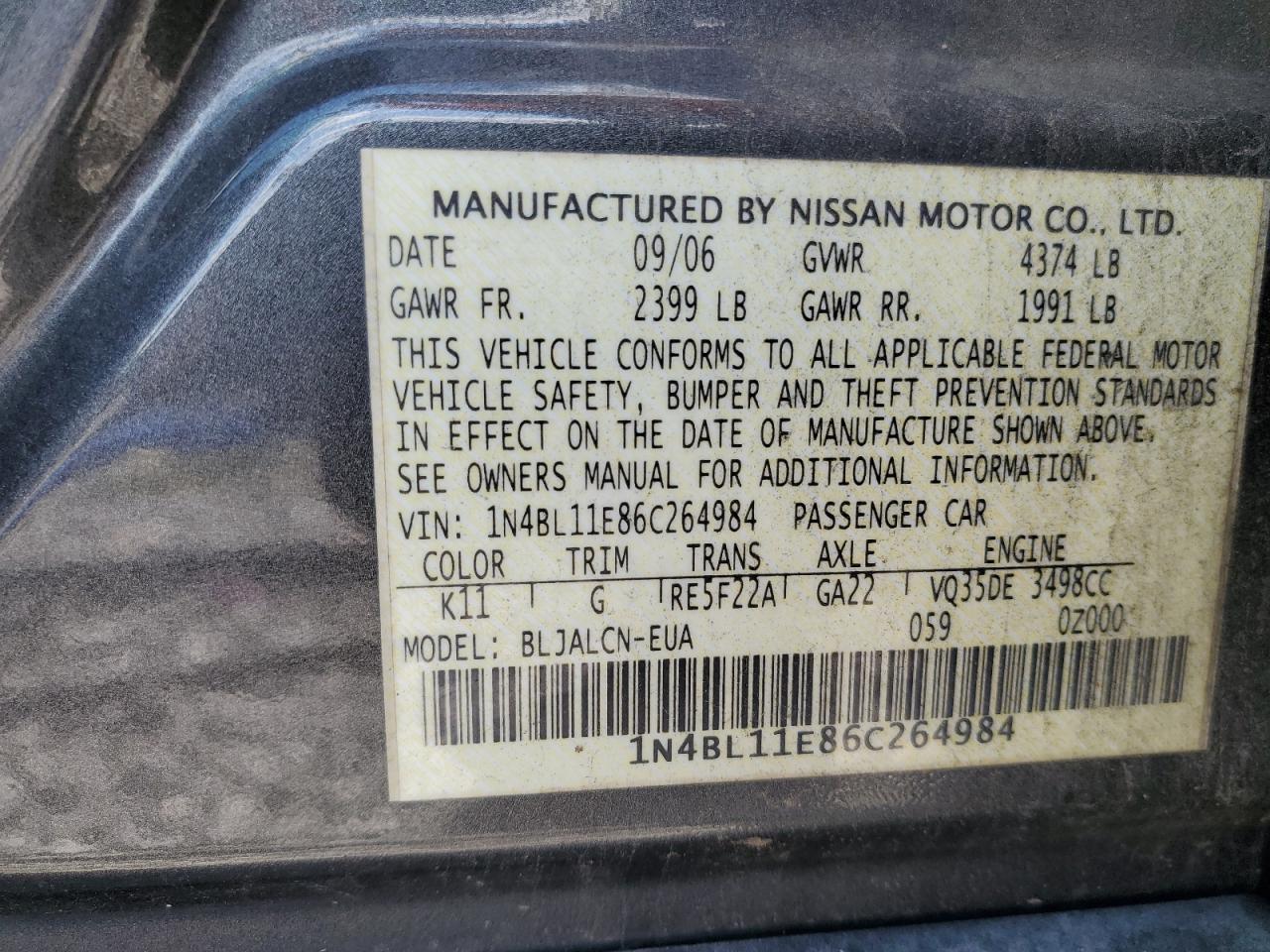 2006 Nissan Altima Se VIN: 1N4BL11E86C264984 Lot: 84452485