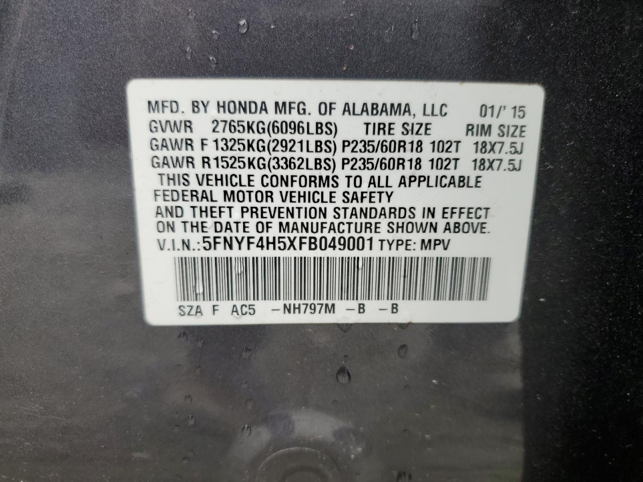 2015 Honda Pilot Exl VIN: 5FNYF4H5XFB049001 Lot: 81849275