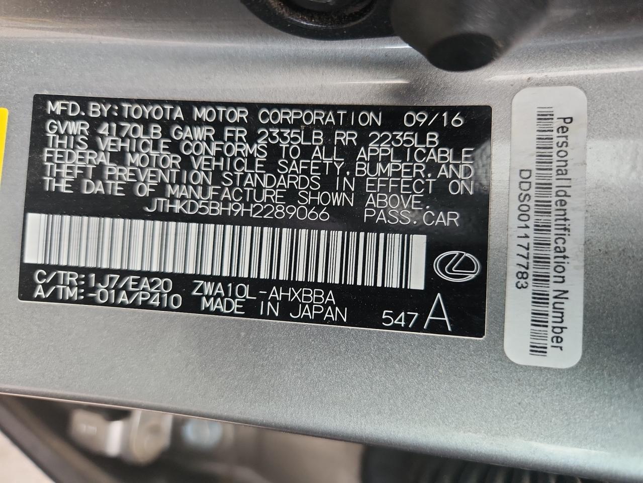 2017 Lexus Ct 200 VIN: JTHKD5BH9H2289066 Lot: 80950775