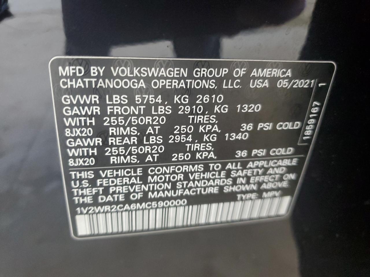 2021 Volkswagen Atlas Se VIN: 1V2WR2CA6MC590000 Lot: 81698175