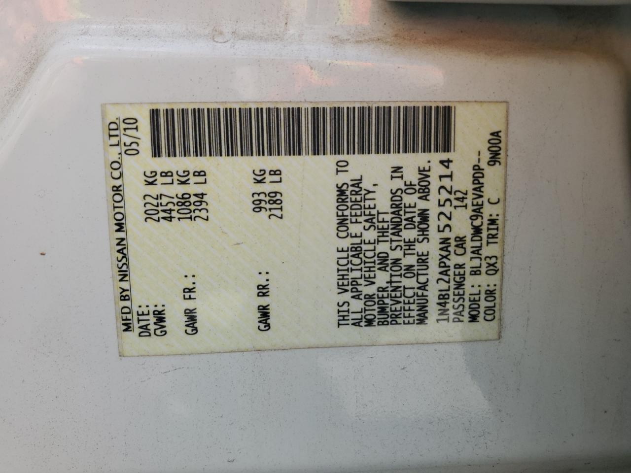 2010 Nissan Altima Sr VIN: 1N4BL2APXAN525214 Lot: 80718045