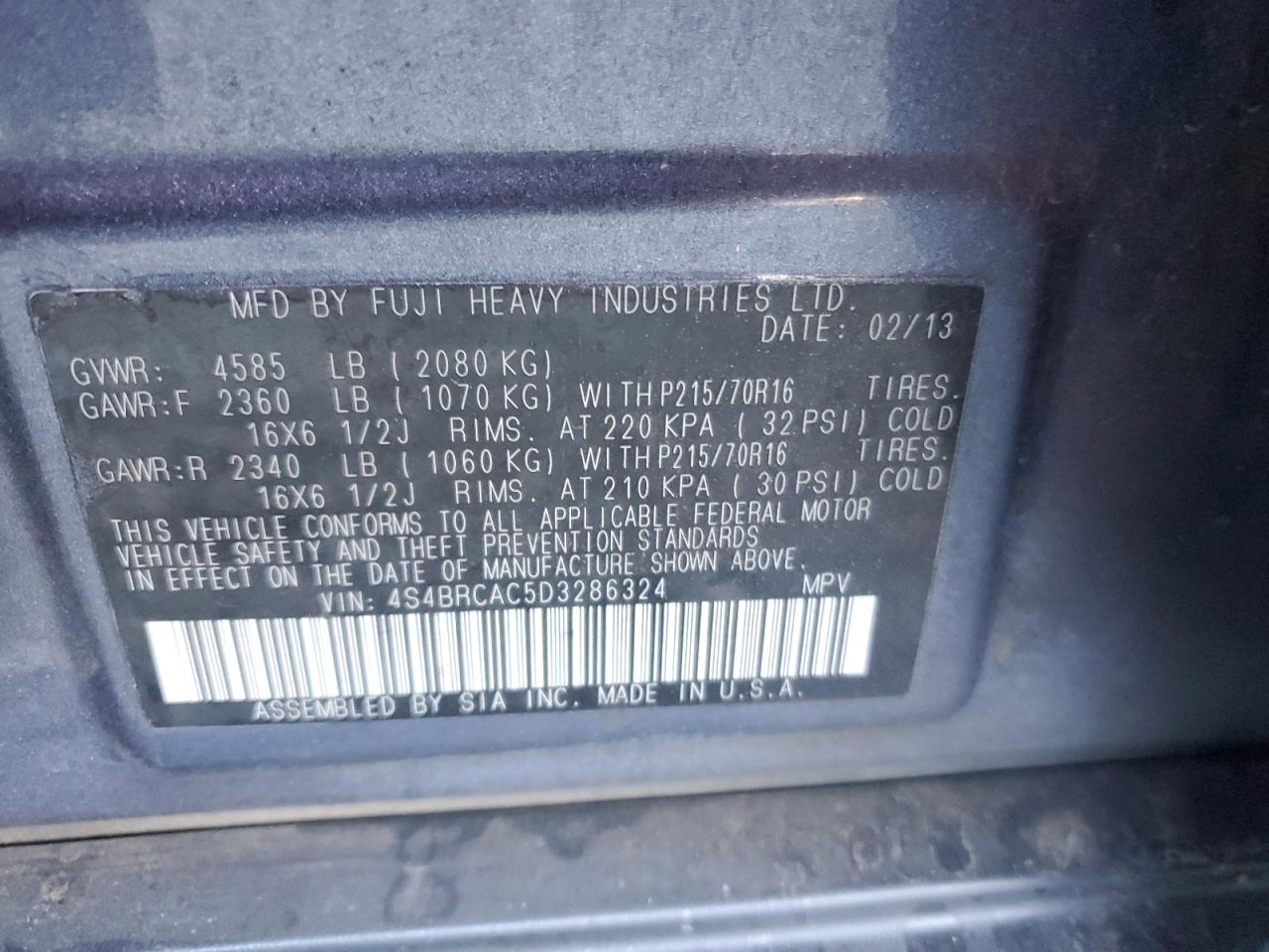 2013 Subaru Outback 2.5I VIN: 4S4BRCAC5D3286324 Lot: 81795815