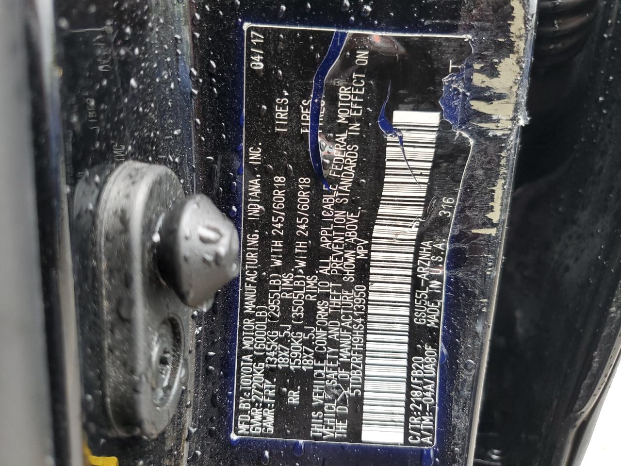 2017 Toyota Highlander Le VIN: 5TDBZRFH9HS413950 Lot: 82098185