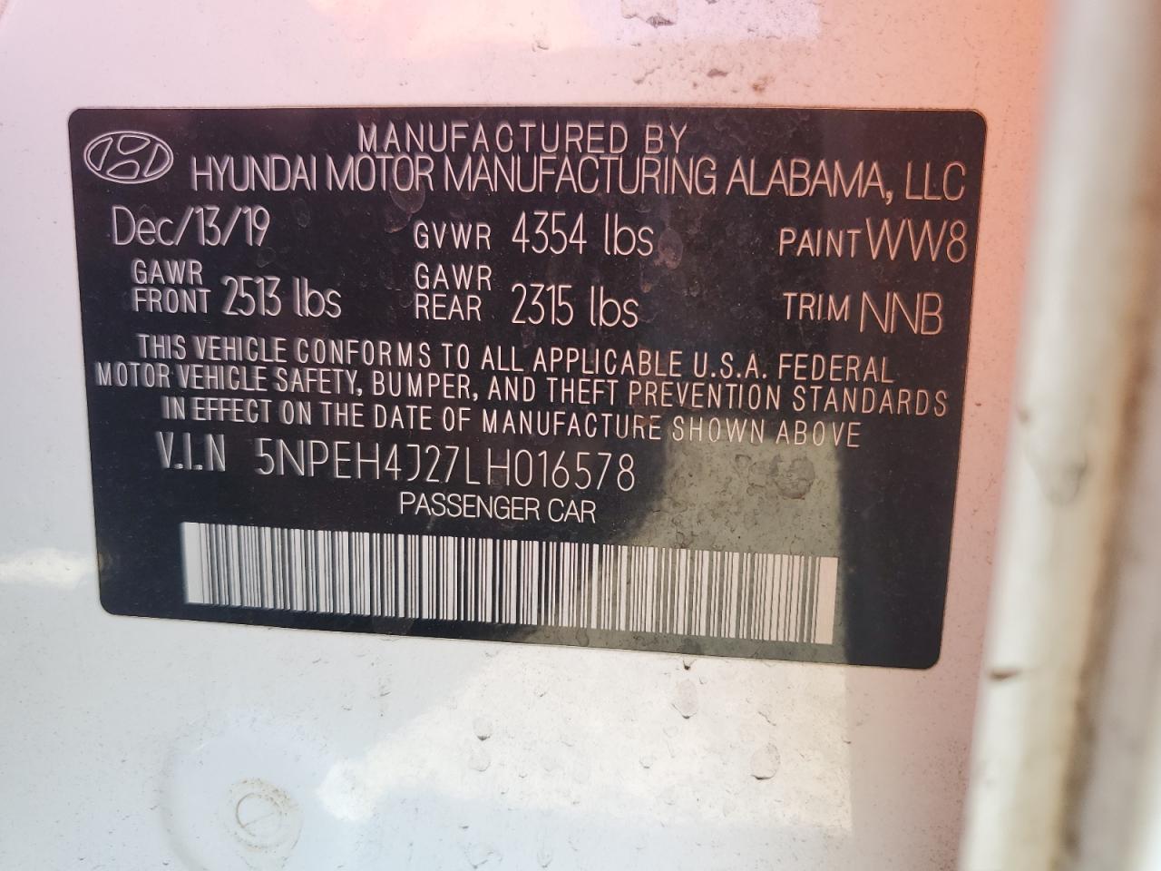 2020 Hyundai Sonata Limited VIN: 5NPEH4J27LH016578 Lot: 81814755