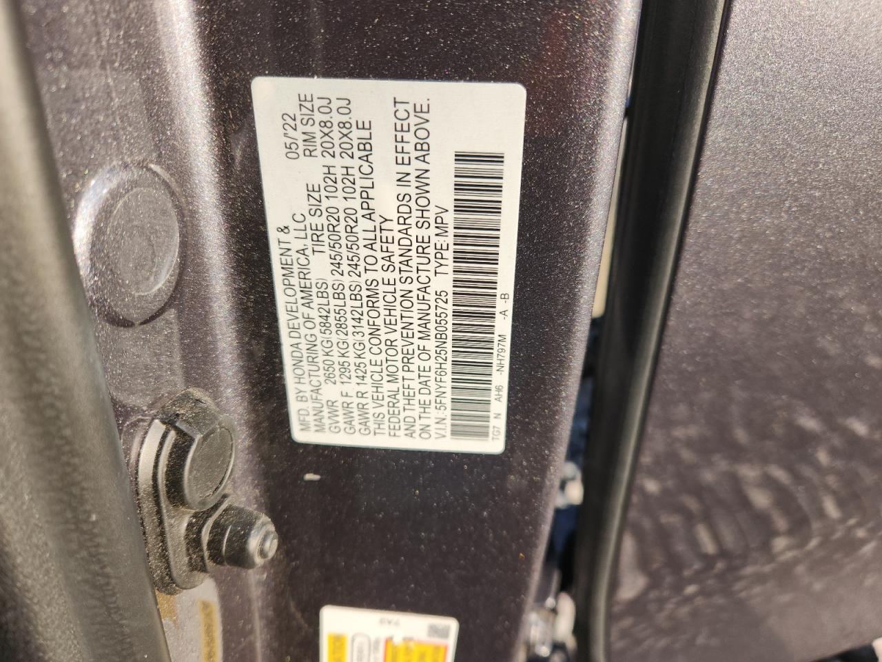 2022 Honda Pilot Se VIN: 5FNYF6H25NB055725 Lot: 81382565