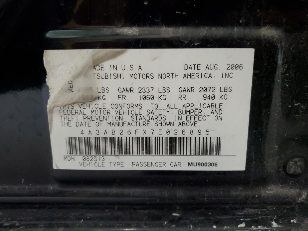 2007 Mitsubishi Galant De VIN: 4A3AB26FX7E026895 Lot: 71006785