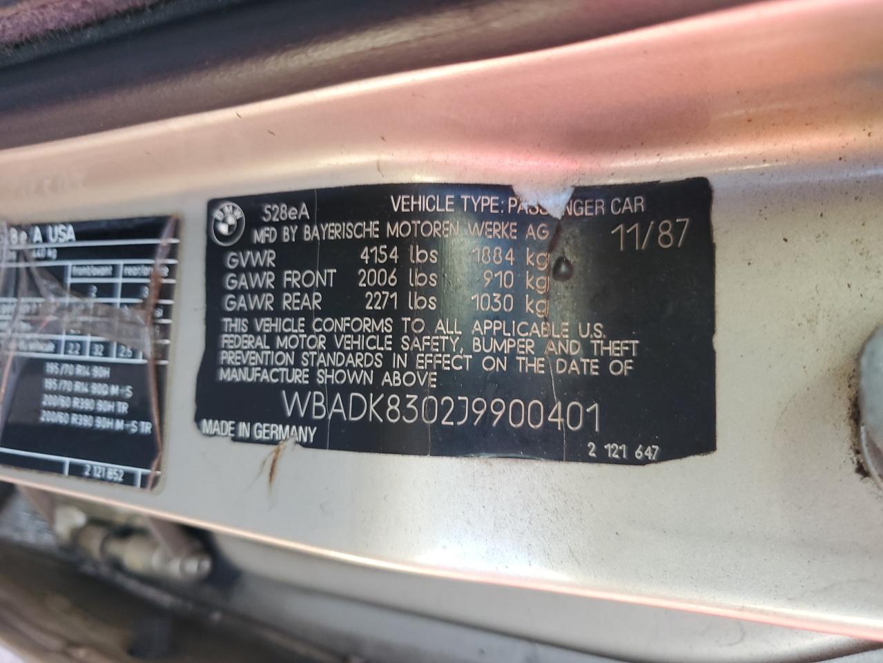 1988 BMW 528 E Automatic VIN: WBADK8302J9900401 Lot: 82071165