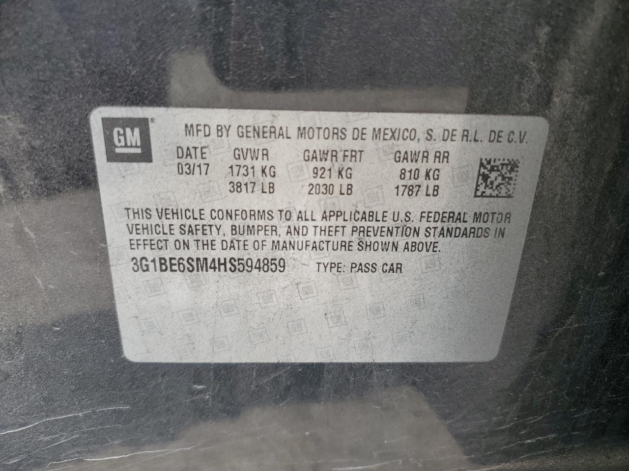 2017 Chevrolet Cruze Lt VIN: 3G1BE6SM4HS594859 Lot: 80959945