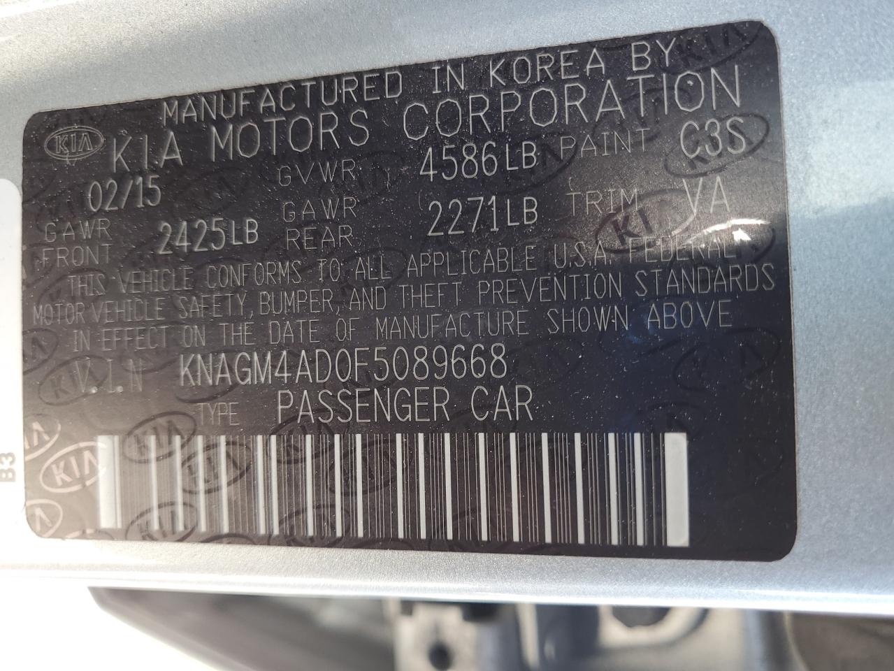 2015 Kia Optima Hybrid VIN: KNAGM4AD0F5089668 Lot: 81687805