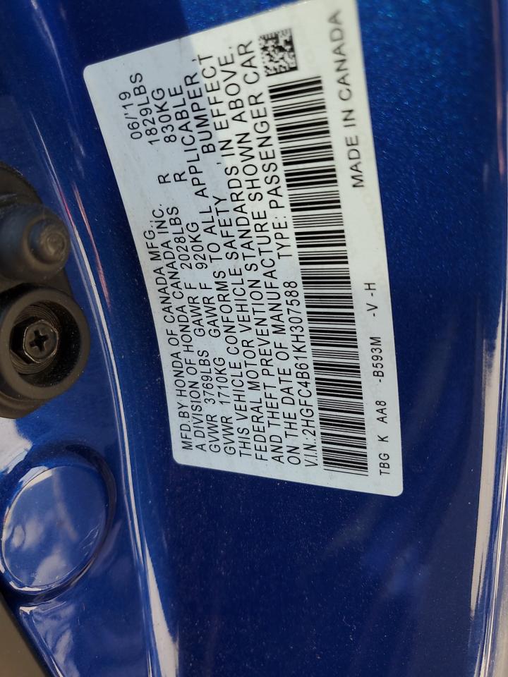 2019 Honda Civic Lx VIN: 2HGFC4B61KH307588 Lot: 71045295