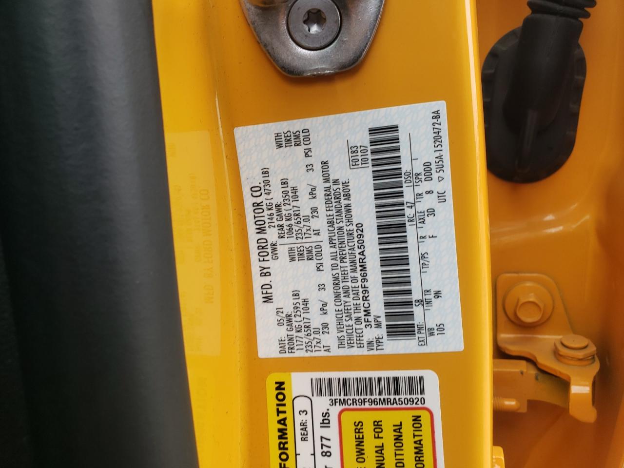 2021 Ford Bronco Sport First Edition VIN: 3FMCR9F96MRA50920 Lot: 81650765