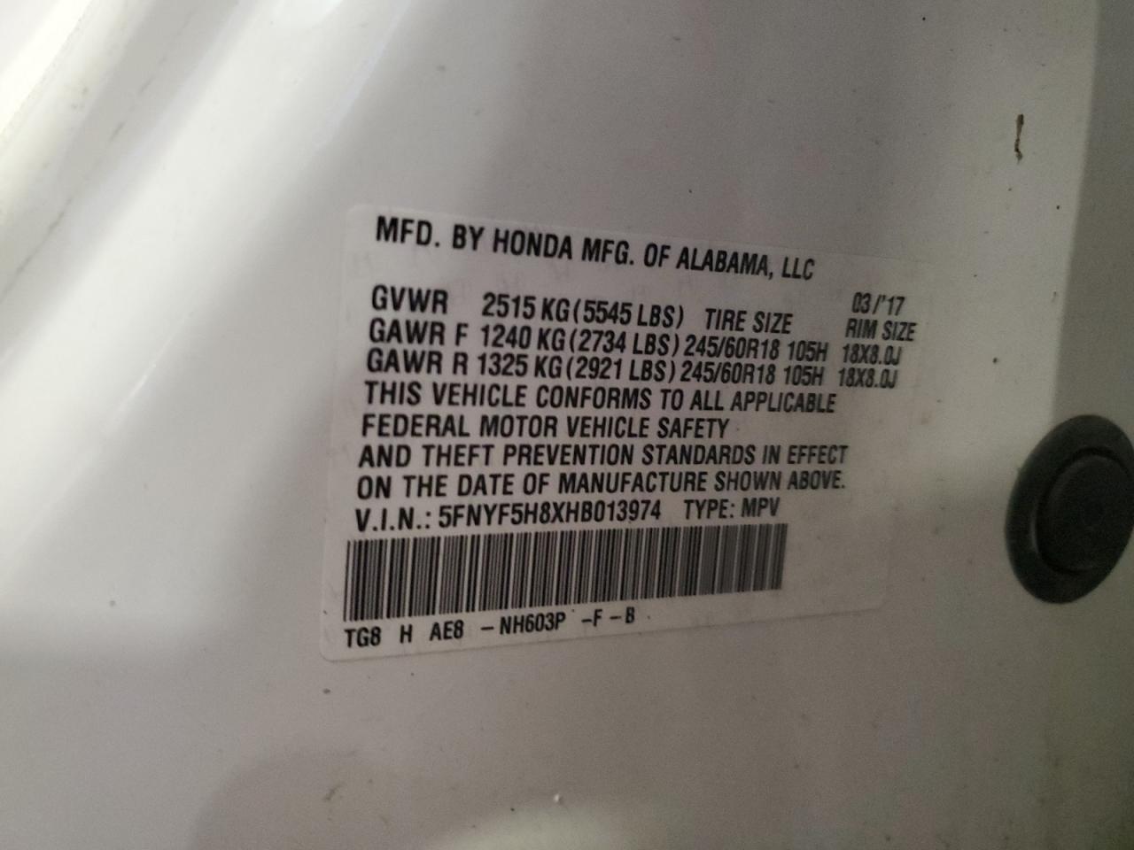 2017 Honda Pilot Exl VIN: 5FNYF5H8XHB013974 Lot: 81769745