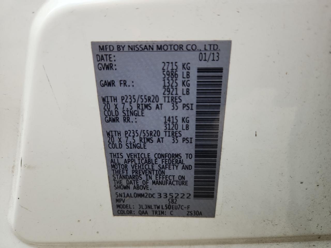 2013 Infiniti Jx35 VIN: 5N1AL0MM2DC335222 Lot: 80197435