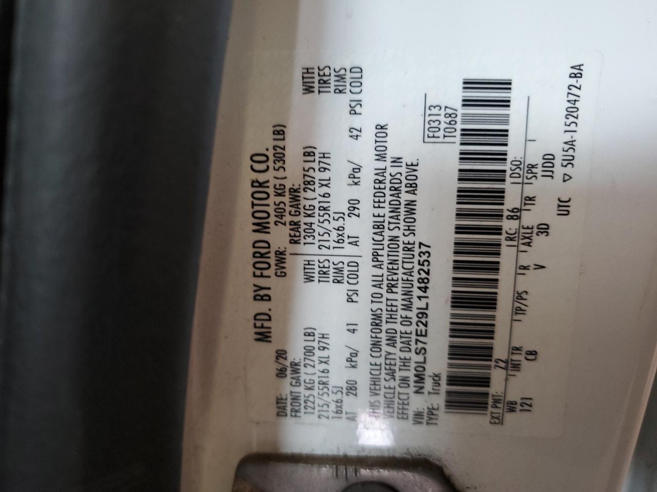 2020 Ford Transit Connect Xl VIN: NM0LS7E29L1482537 Lot: 82149885