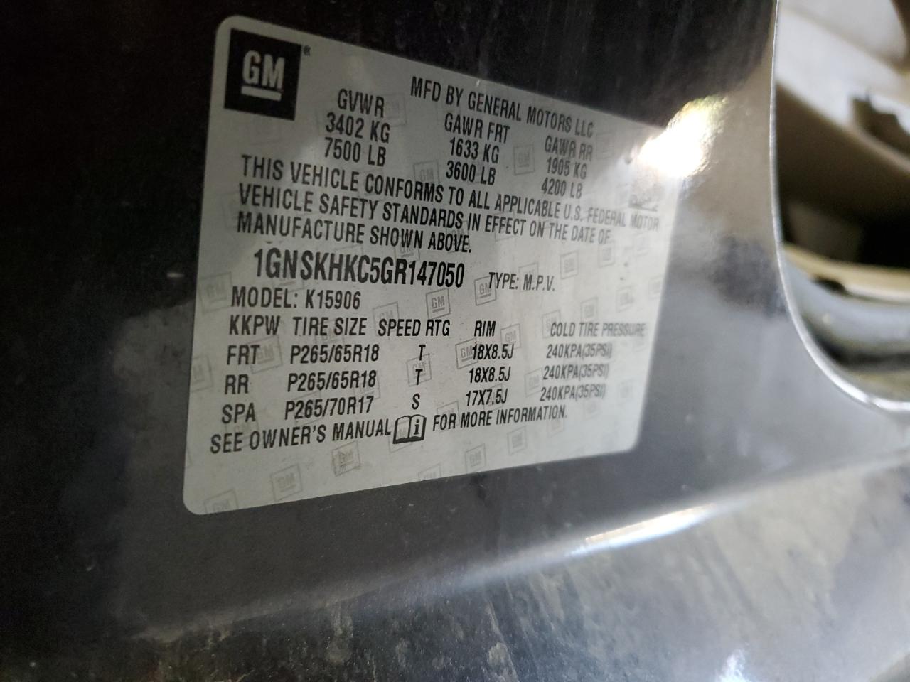 2016 Chevrolet Suburban K1500 Lt VIN: 1GNSKHKC5GR147050 Lot: 81402405