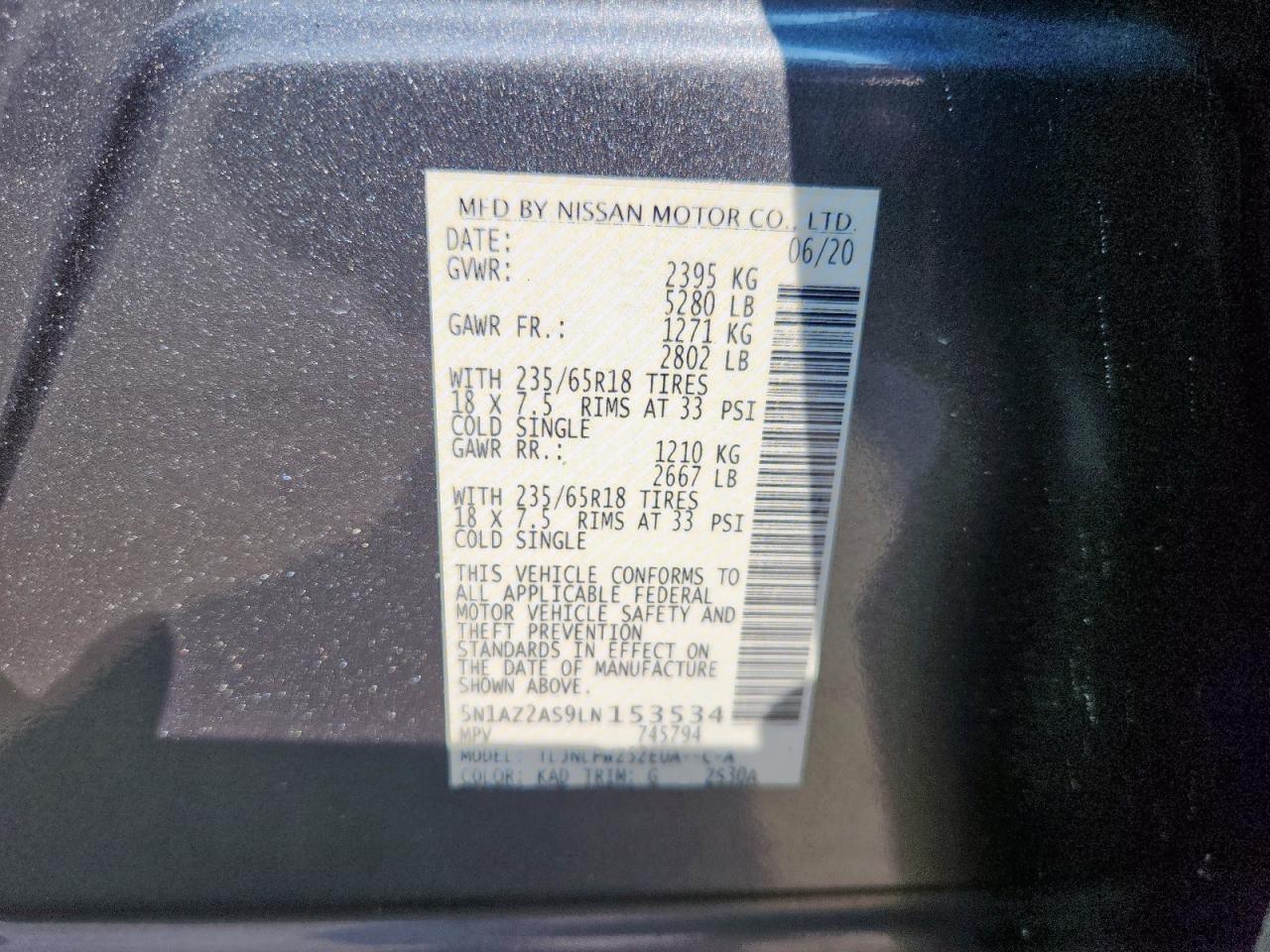 2020 Nissan Murano S VIN: 5N1AZ2AS9LN153534 Lot: 81259845