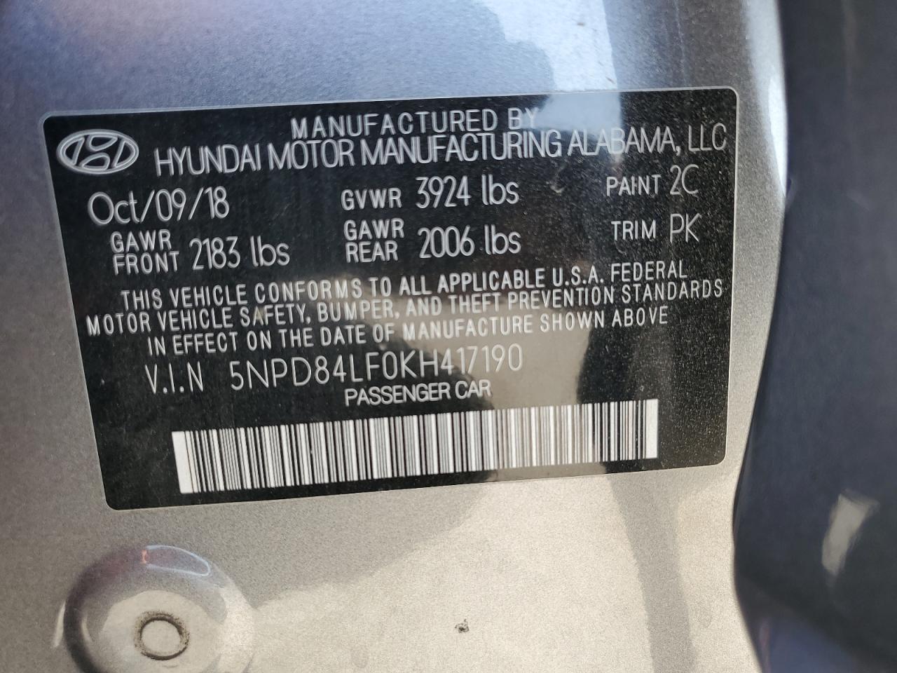 2019 Hyundai Elantra Sel VIN: 5NPD84LF0KH417190 Lot: 71540205