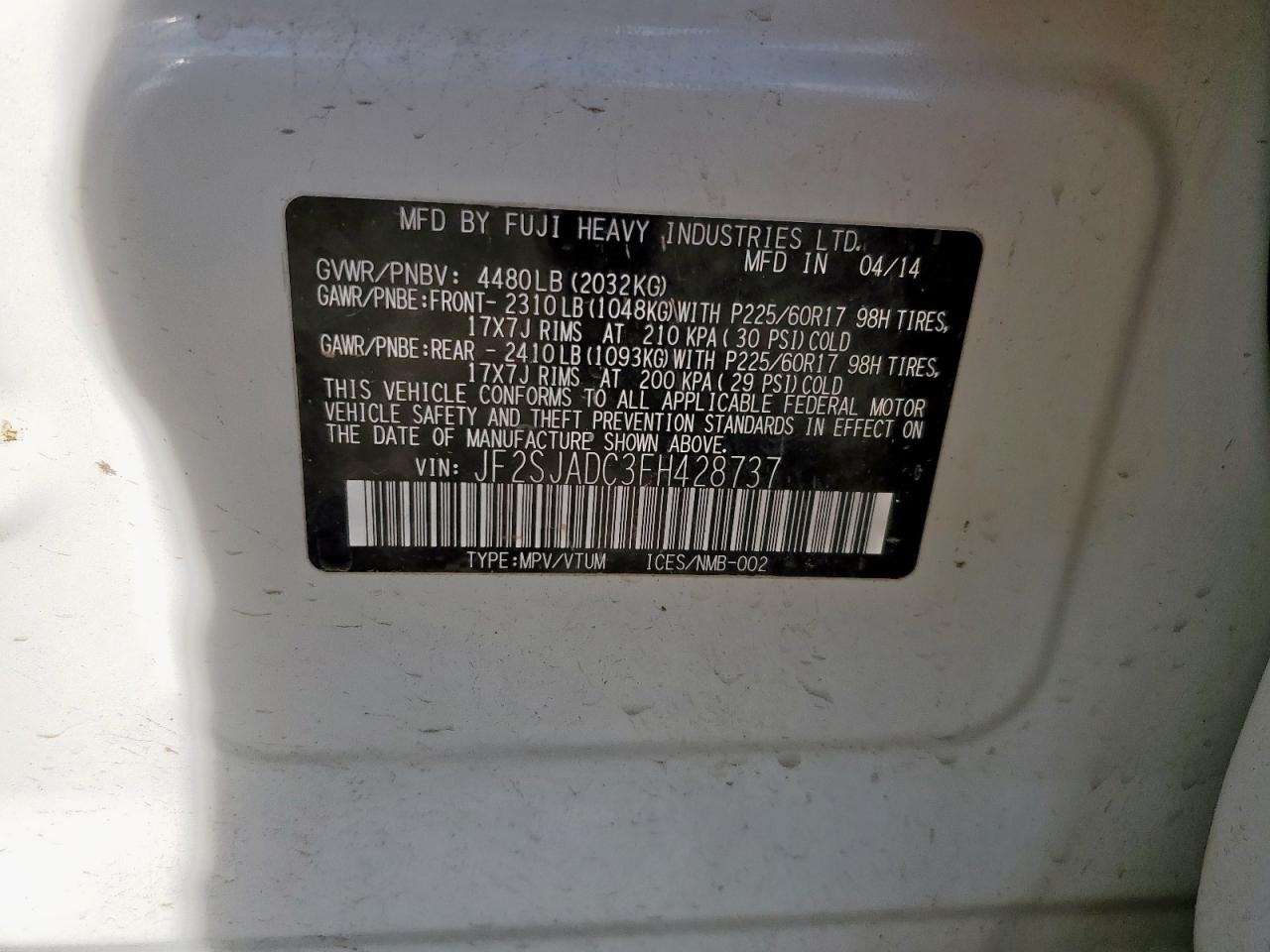 2015 Subaru Forester 2.5I Premium VIN: JF2SJADC3FH428737 Lot: 84041515