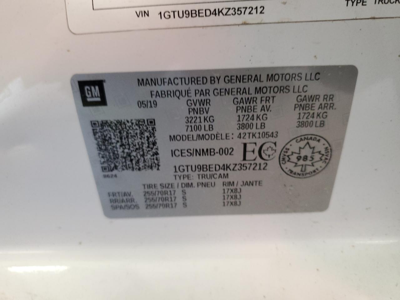 2019 GMC Sierra K1500 Sle VIN: 1GTU9BED4KZ357212 Lot: 70757685