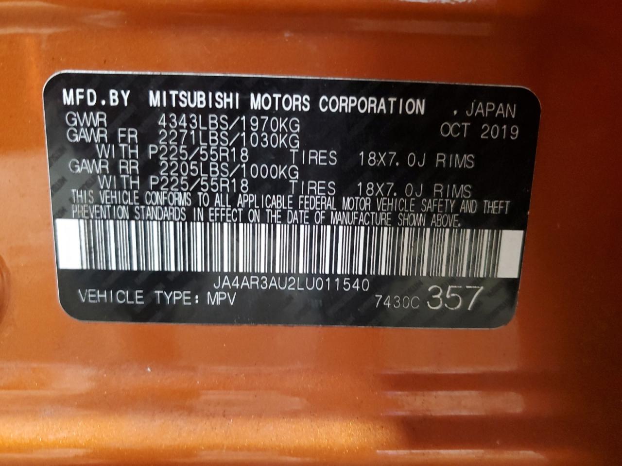 2020 Mitsubishi Outlander Sport Es VIN: JA4AR3AU2LU011540 Lot: 71298905