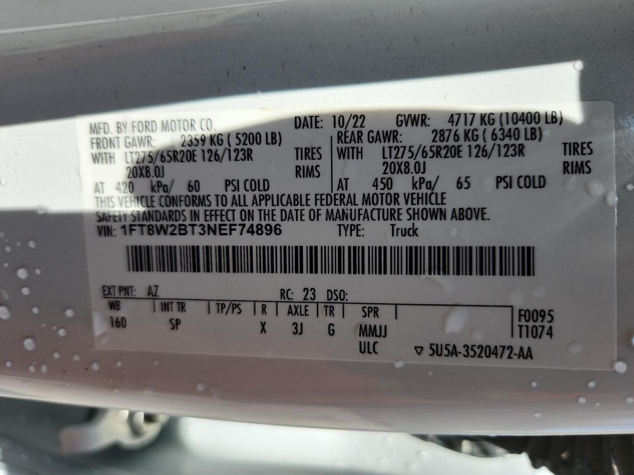 2022 Ford F250 Super Duty VIN: 1FT8W2BT3NEF74896 Lot: 70855515