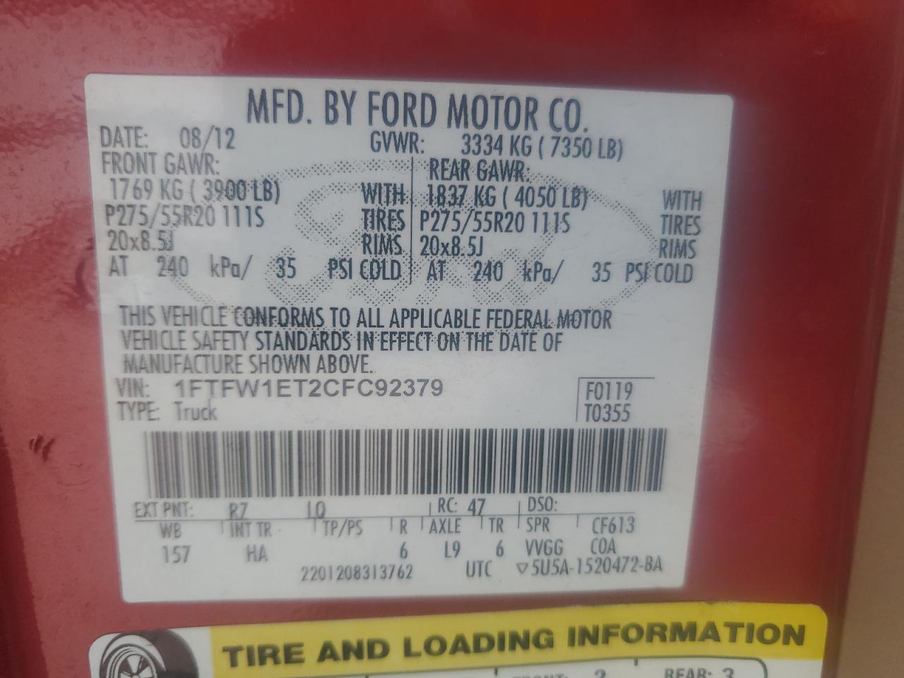 2012 Ford F150 Supercrew VIN: 1FTFW1ET2CFC92379 Lot: 81096825