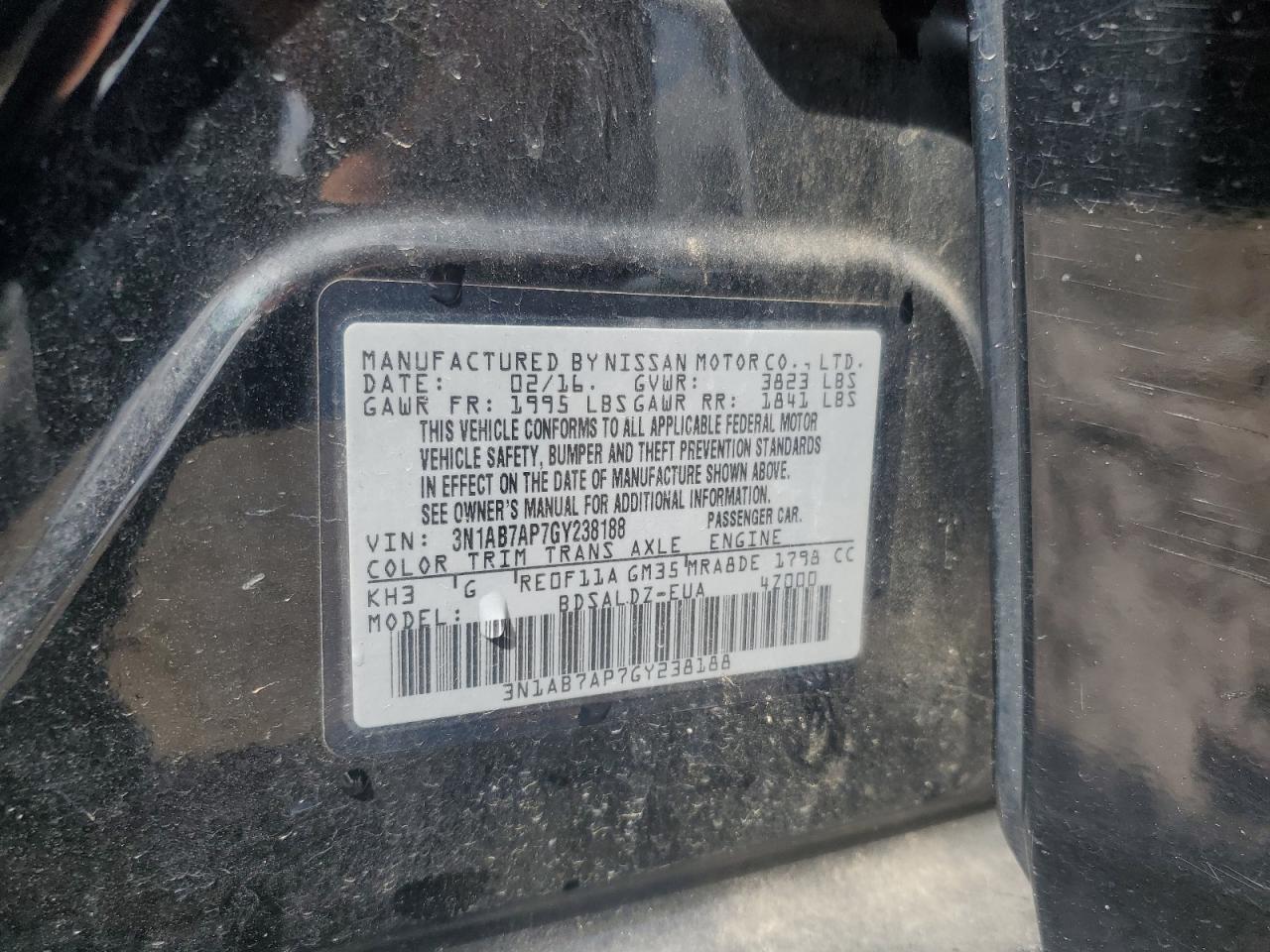 2016 Nissan Sentra S VIN: 3N1AB7AP7GY238188 Lot: 81523565