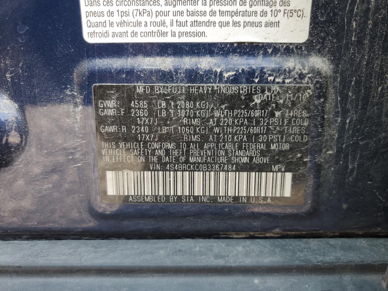 2011 Subaru Outback 2.5I Limited VIN: 4S4BRCKC0B3367484 Lot: 72046705