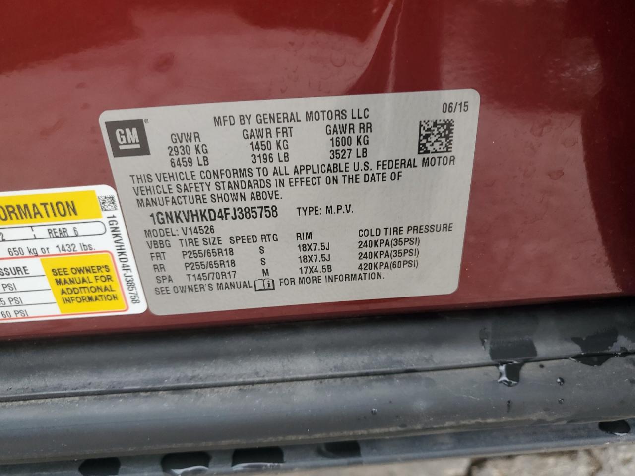 2015 Chevrolet Traverse Lt VIN: 1GNKVHKD4FJ385758 Lot: 82056575