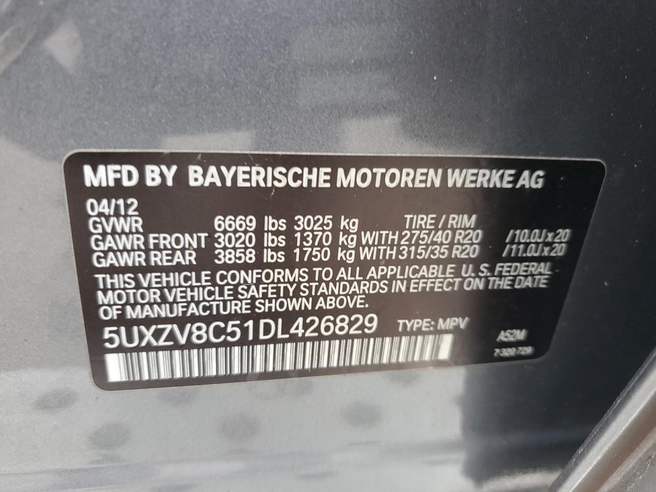 2013 BMW X5 xDrive50I VIN: 5UXZV8C51DL426829 Lot: 80913505