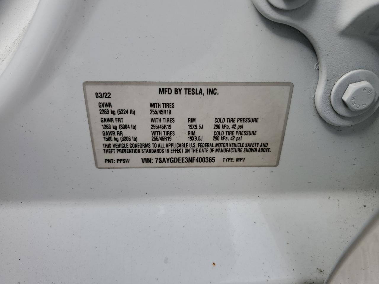 2022 Tesla Model Y VIN: 7SAYGDEE3NF400365 Lot: 80597855