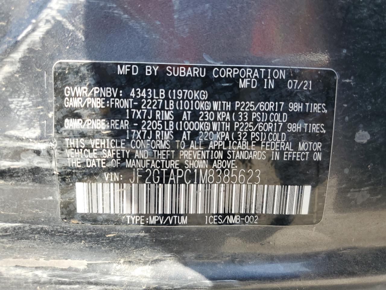 2021 Subaru Crosstrek Premium VIN: JF2GTAPC1M8385623 Lot: 80911315