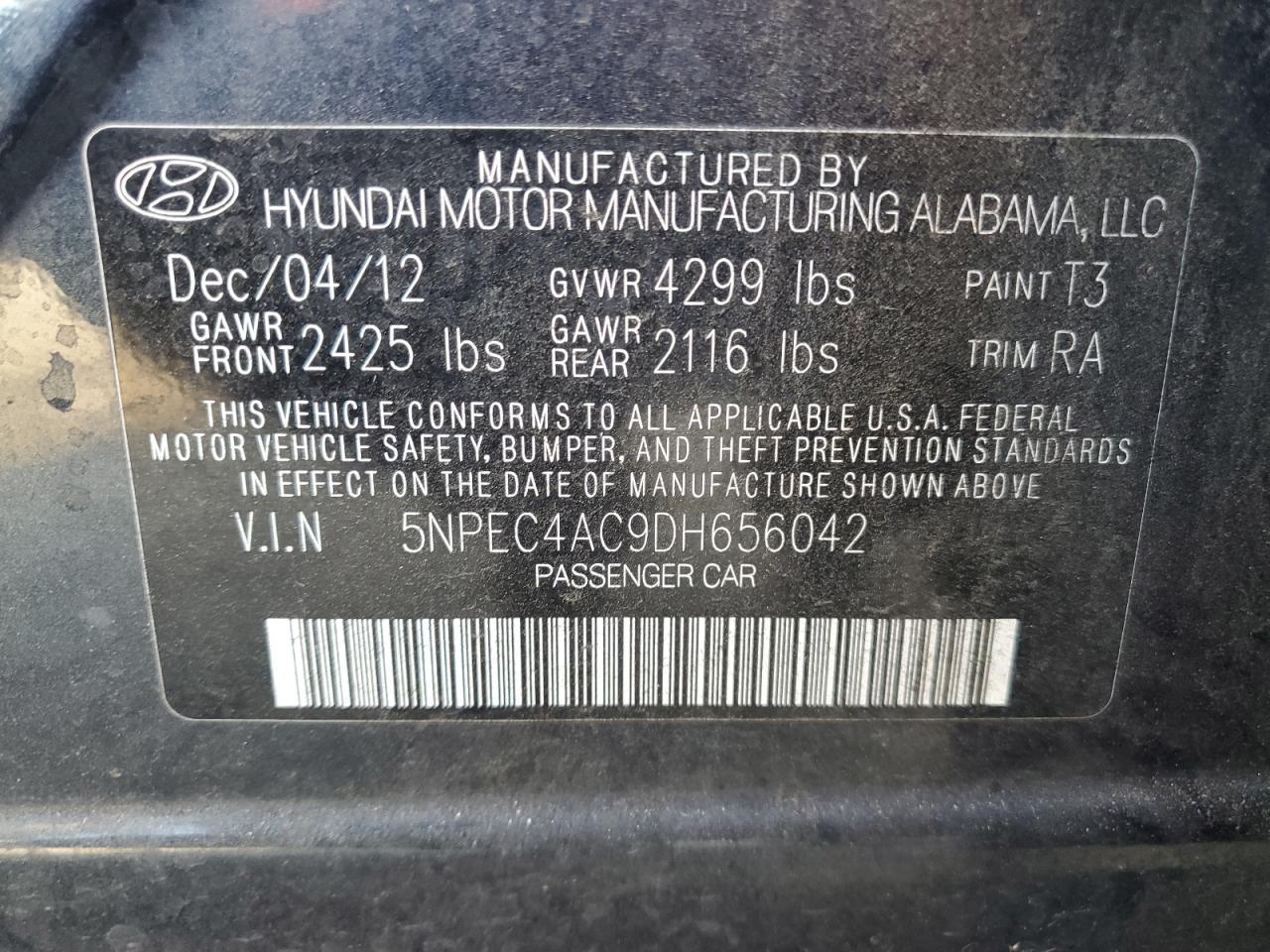 2013 Hyundai Sonata Se VIN: 5NPEC4AC9DH656042 Lot: 81861915